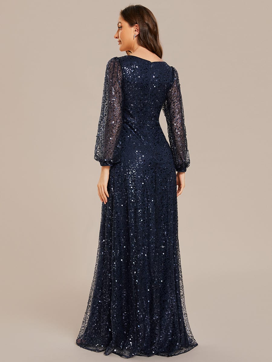 V-Neck Lantern Long Sleeve Sequin A-Line Evening Dress