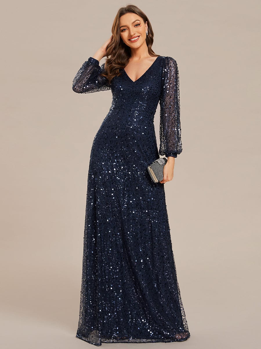 V-Neck Lantern Long Sleeve Sequin A-Line Evening Dress