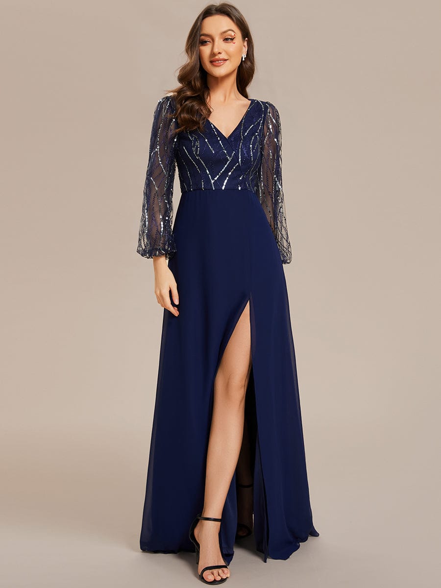 Sequin Long Sleeves A-Line V-Neck Floor-Length Evening Dress