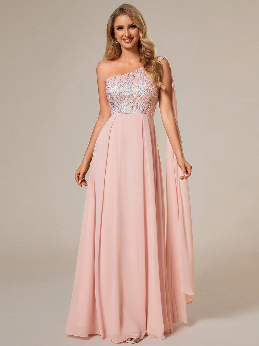 One-Shoulder Sequin Bodice Evening Dress with Flowy Chiffon