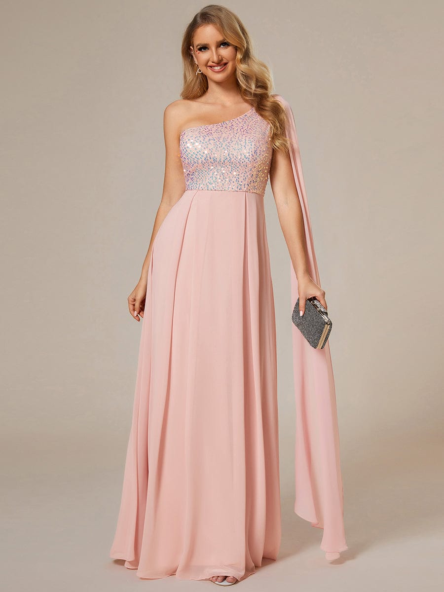 One-Shoulder Sequin Bodice Evening Dress with Flowy Chiffon