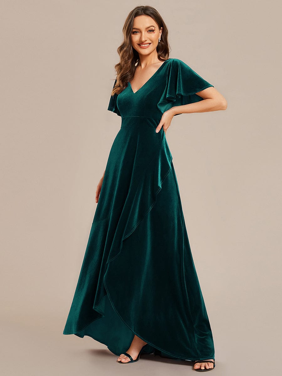 Elegant Double V-Neck Short Sleeves Velvet Evening Dress