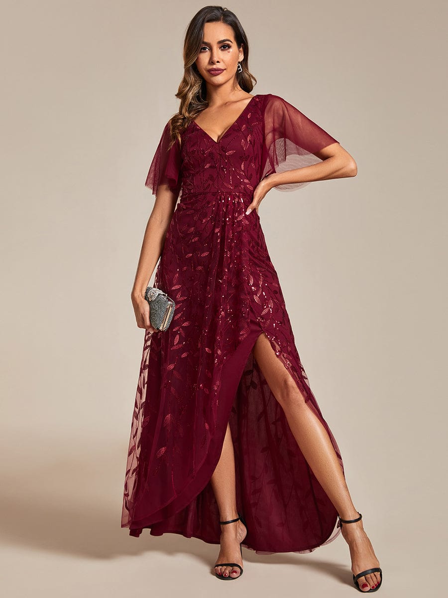 V-Neck High Slit Sequined Evening Dresses