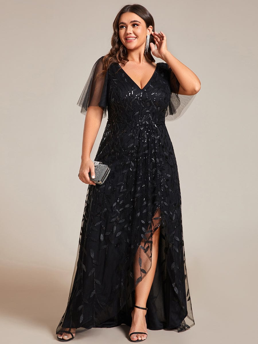 Plus Size V-Neck High Slit Sequined Evening Dresses