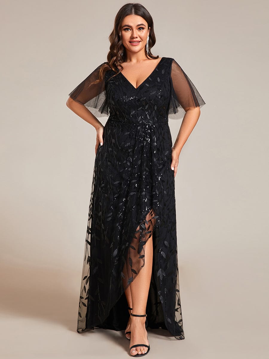 Plus Size V-Neck High Slit Sequined Evening Dresses