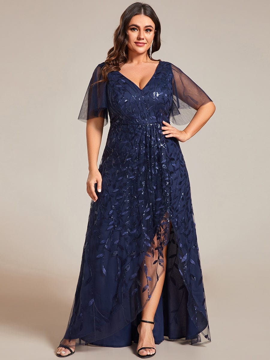 Plus Size V-Neck High Slit Sequined Evening Dresses