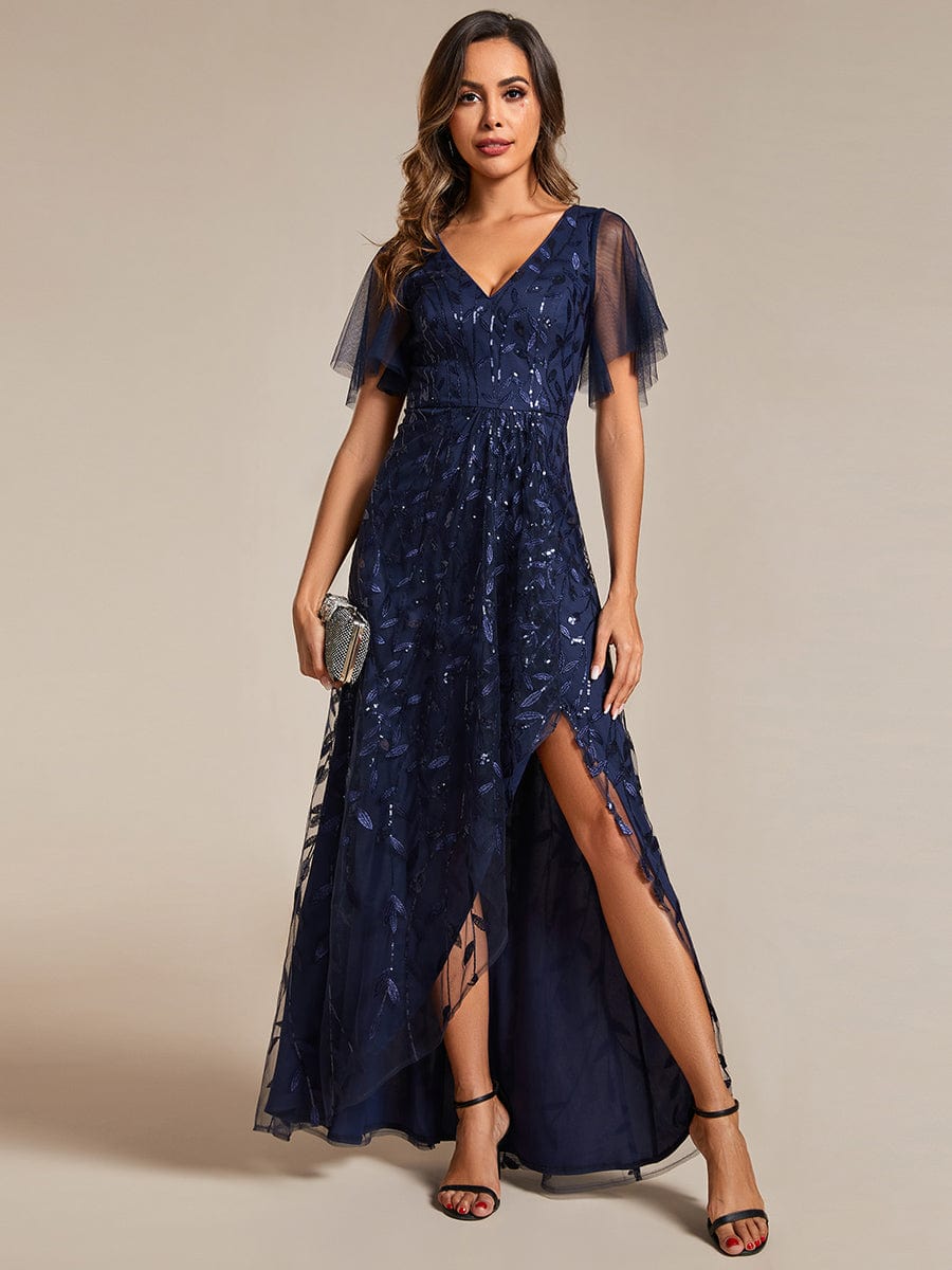 V-Neck High Slit Sequined Evening Dresses