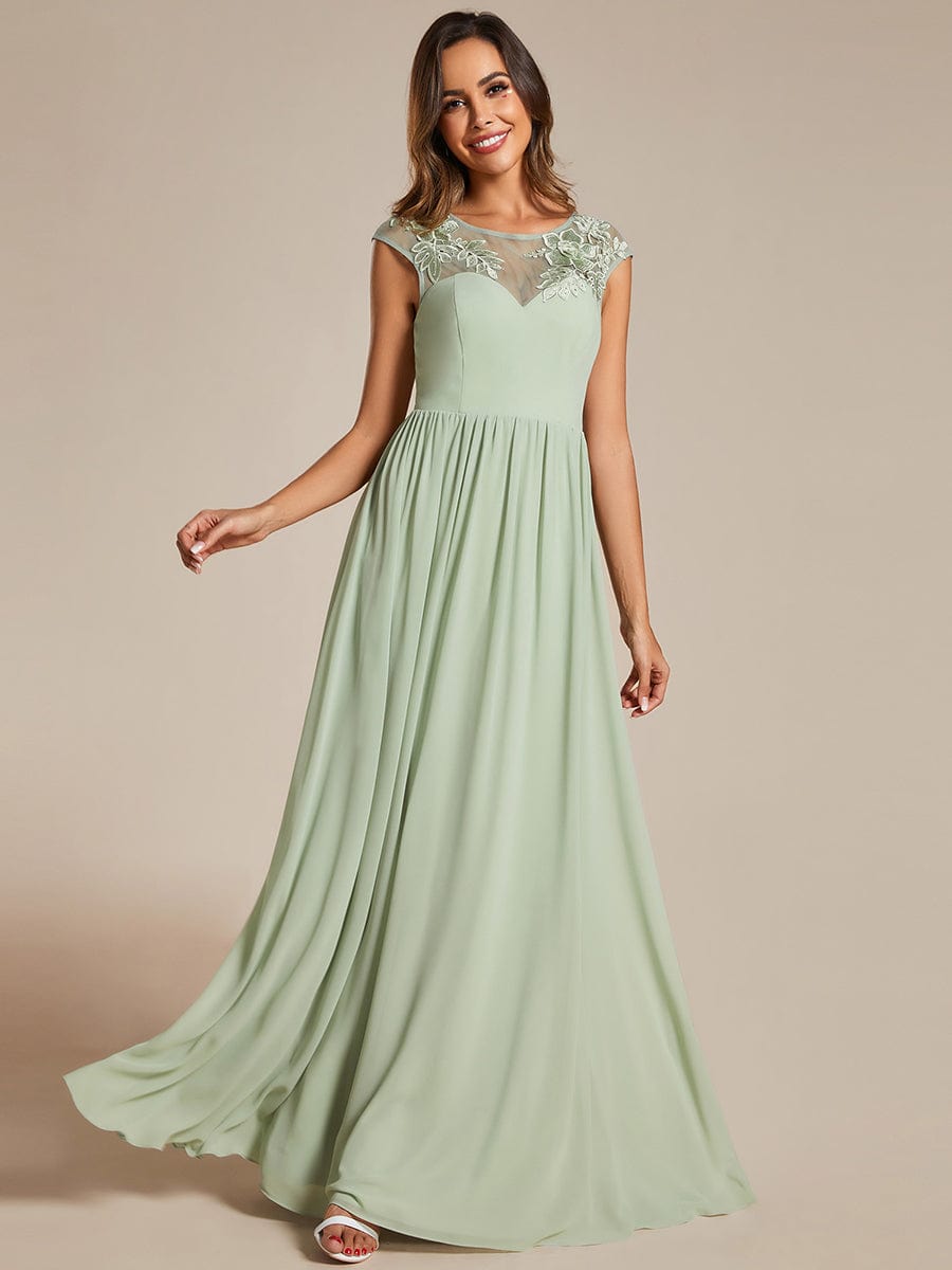 A-Line Cap Sleeves Round Neck Chiffon Evening Dress with Shoulder Print