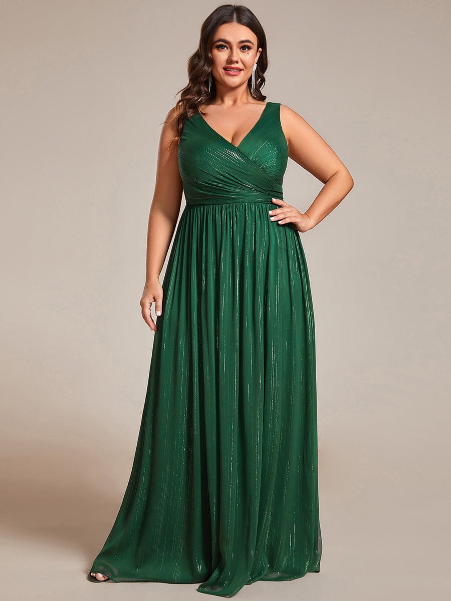 Plus Size V-Neck Sleeveless Evening Dresses with Delicate Glitter