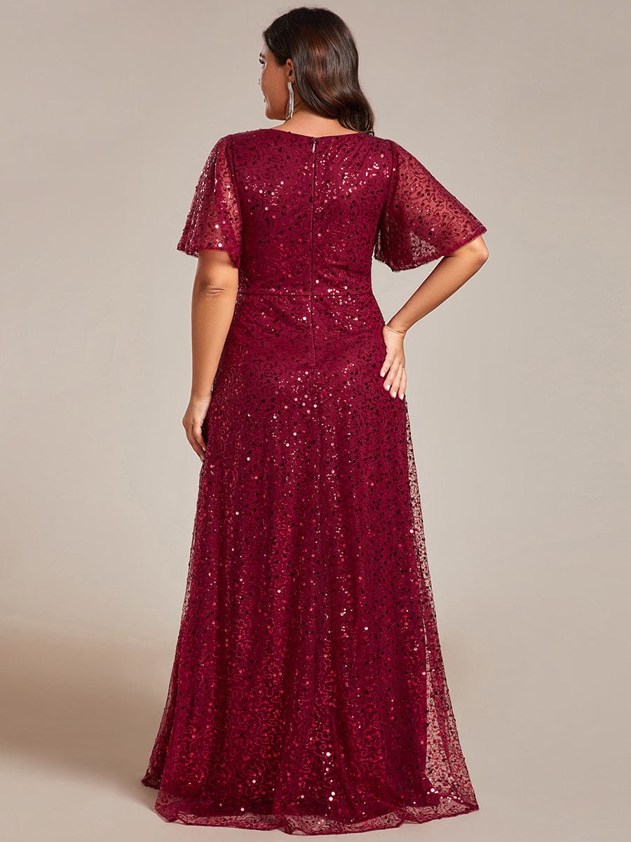 V-Neck Sequined A-Line Evening Dresses with Ruffles Sleeves