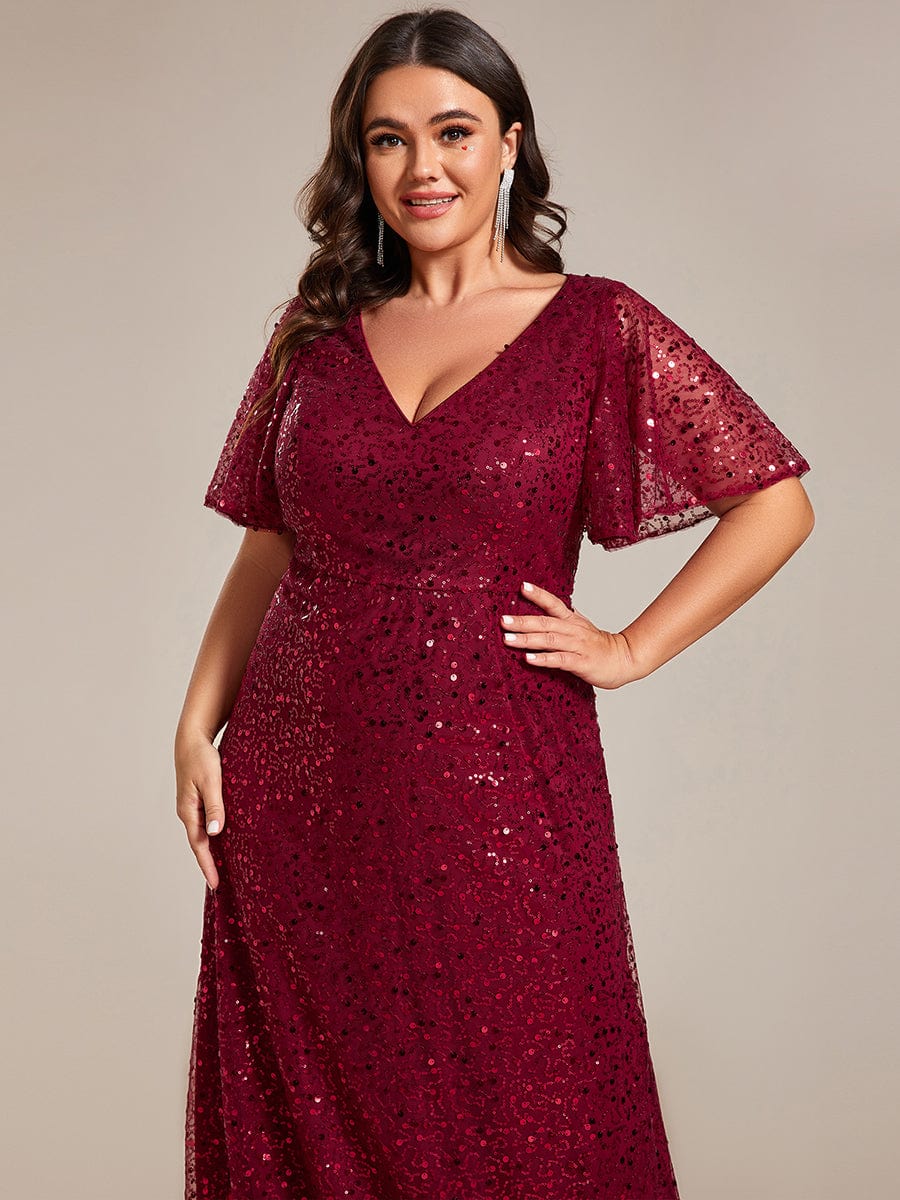 V-Neck Sequined A-Line Evening Dresses with Ruffles Sleeves