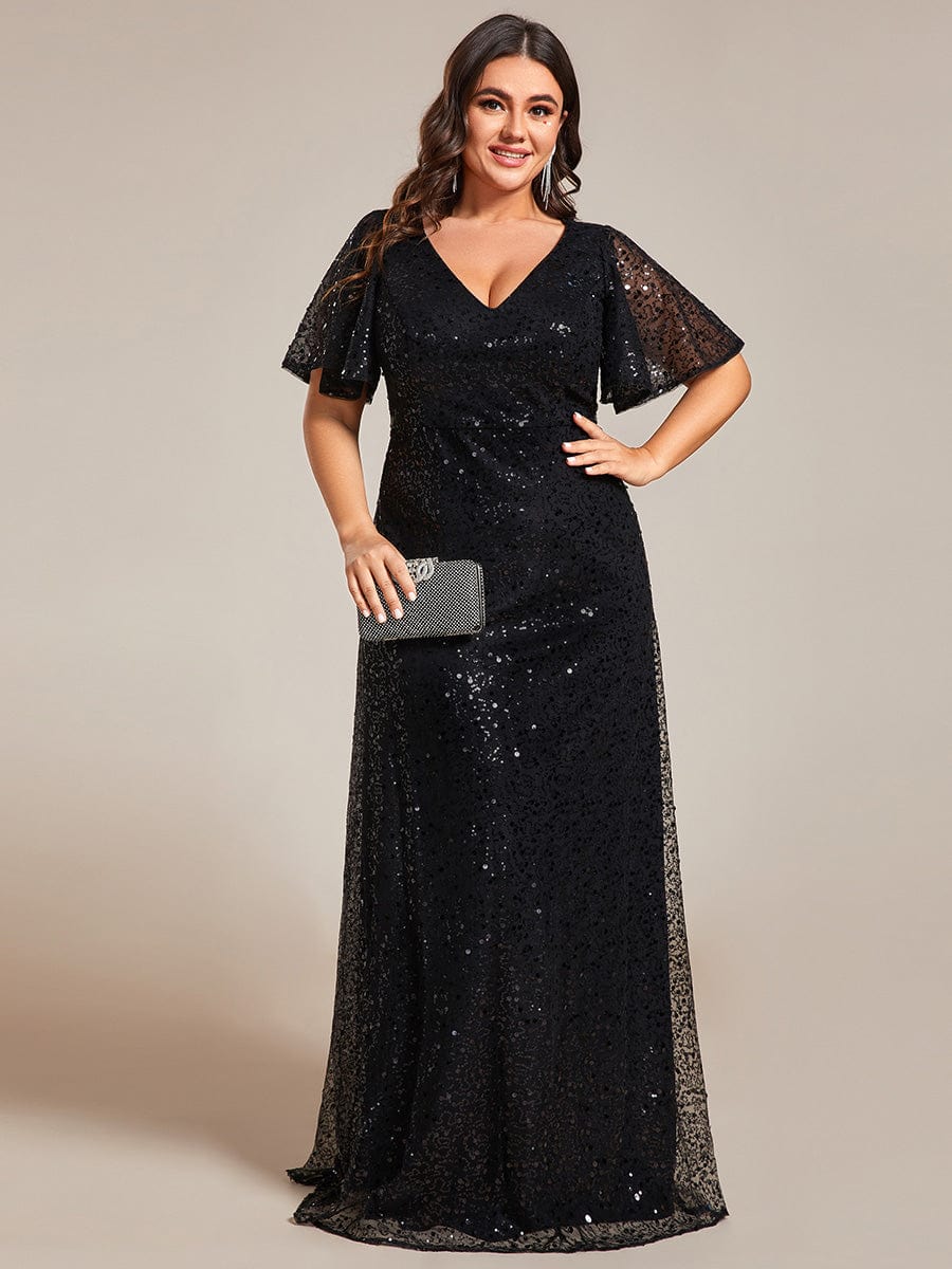 V-Neck Sequined A-Line Evening Dresses with Ruffles Sleeves