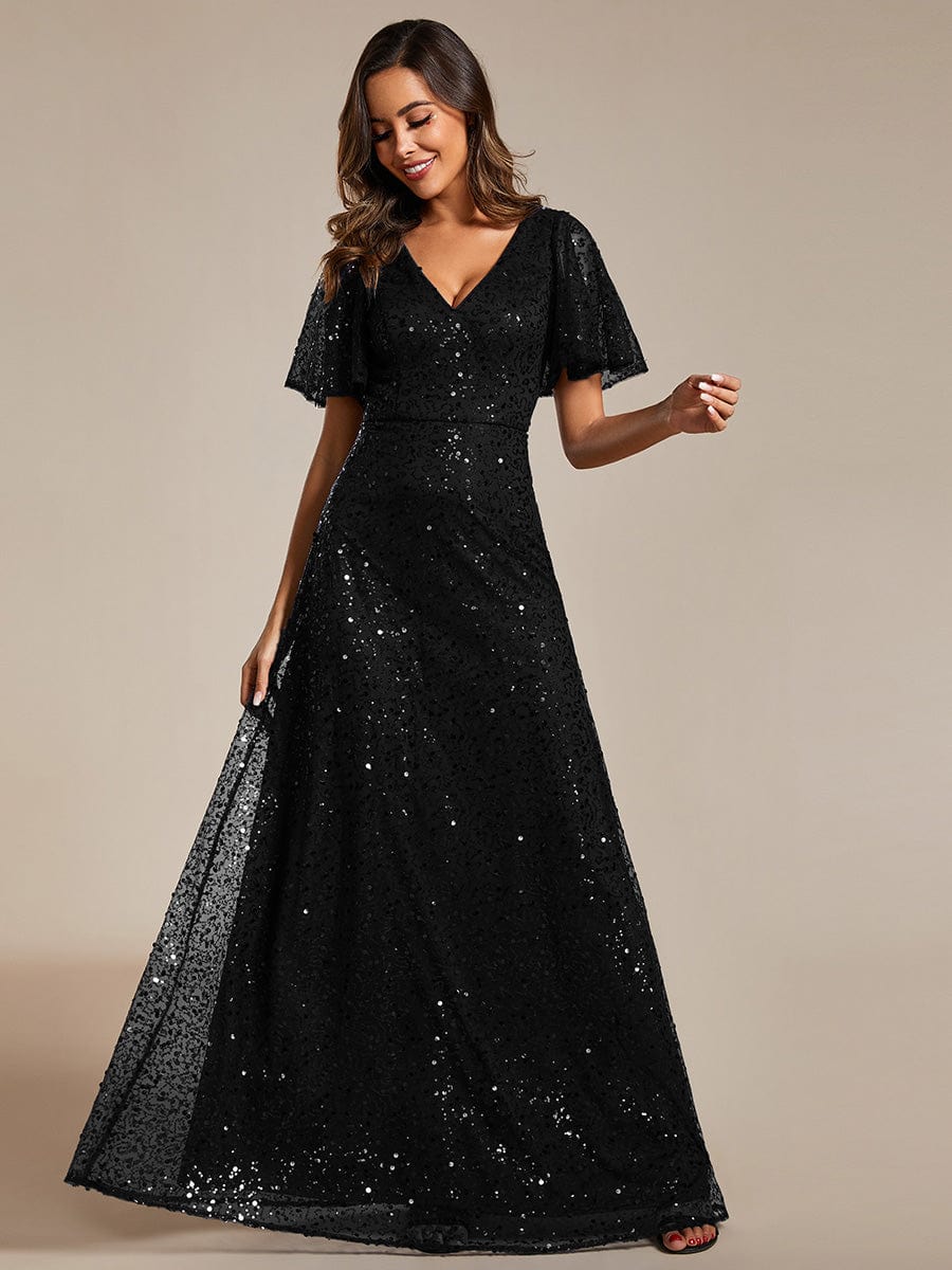 V-Neck Sequined A-Line Evening Dresses with Ruffles Sleeves