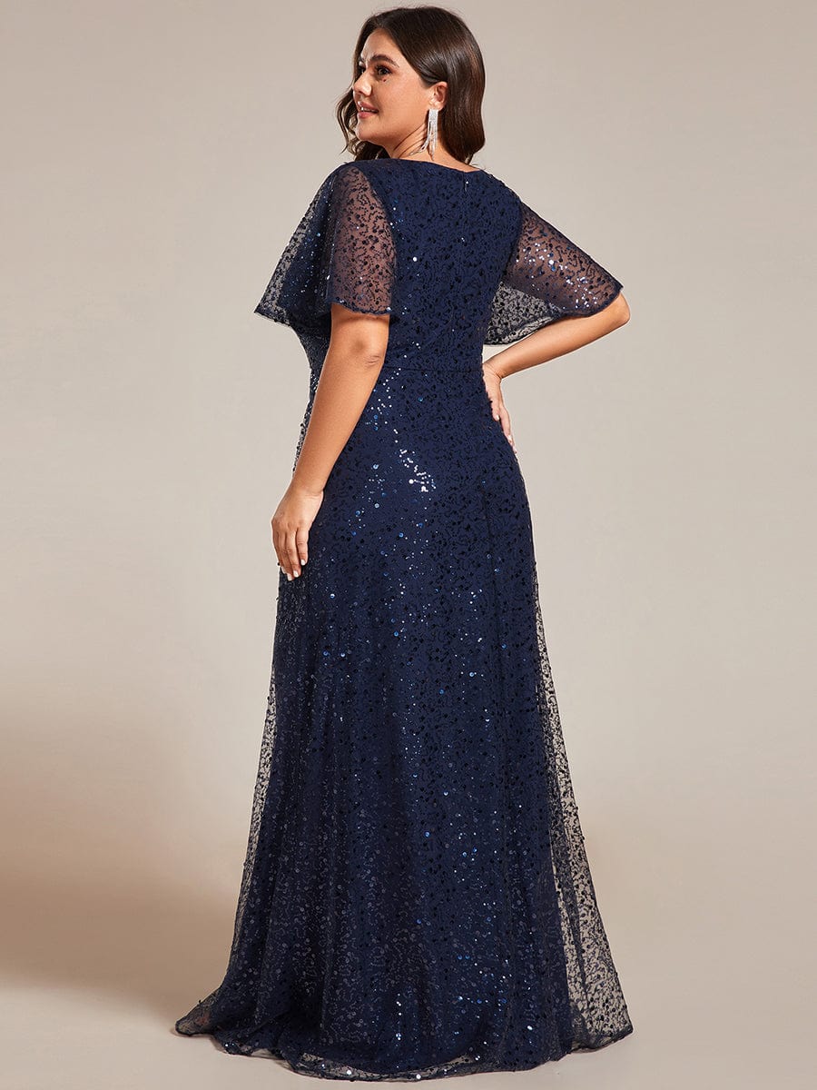 Plus Size V-Neck Sequined A-Line Evening Dresses with Ruffles Sleeves