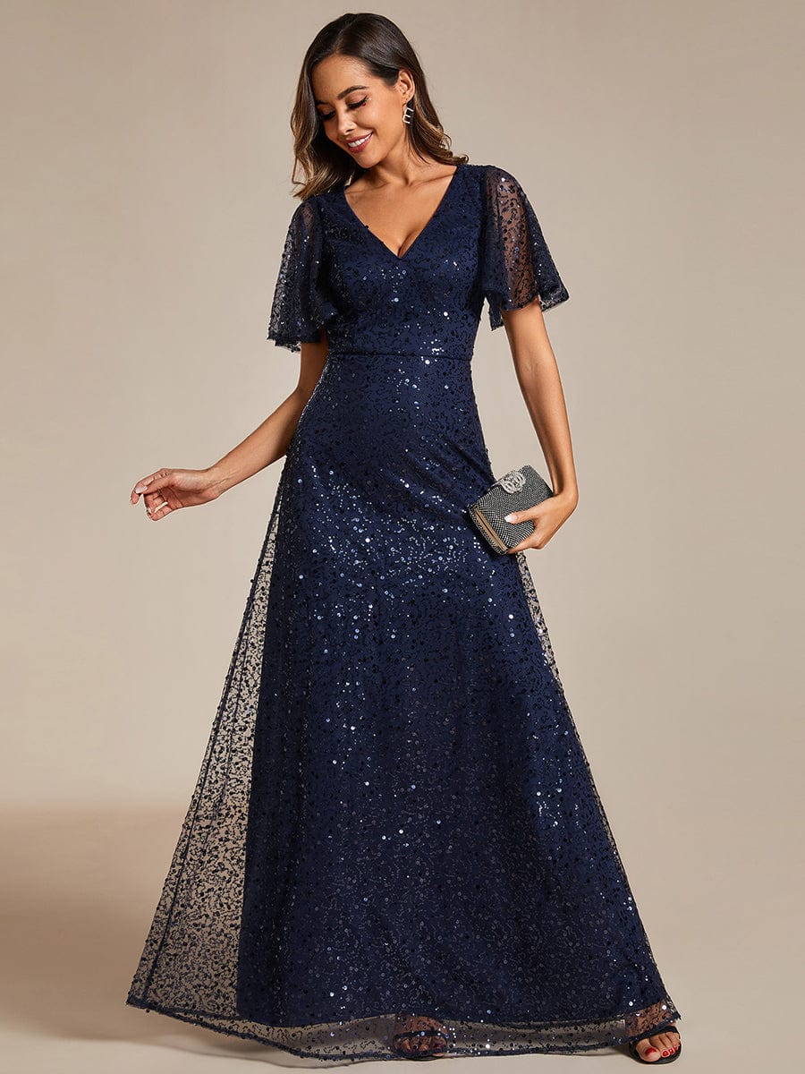 V-Neck Sequined A-Line Evening Dresses with Ruffles Sleeves