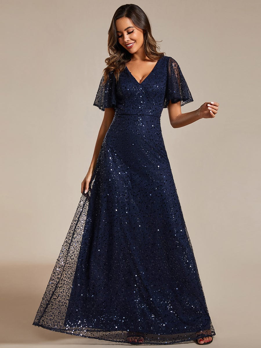 V-Neck Sequined A-Line Evening Dresses with Ruffles Sleeves