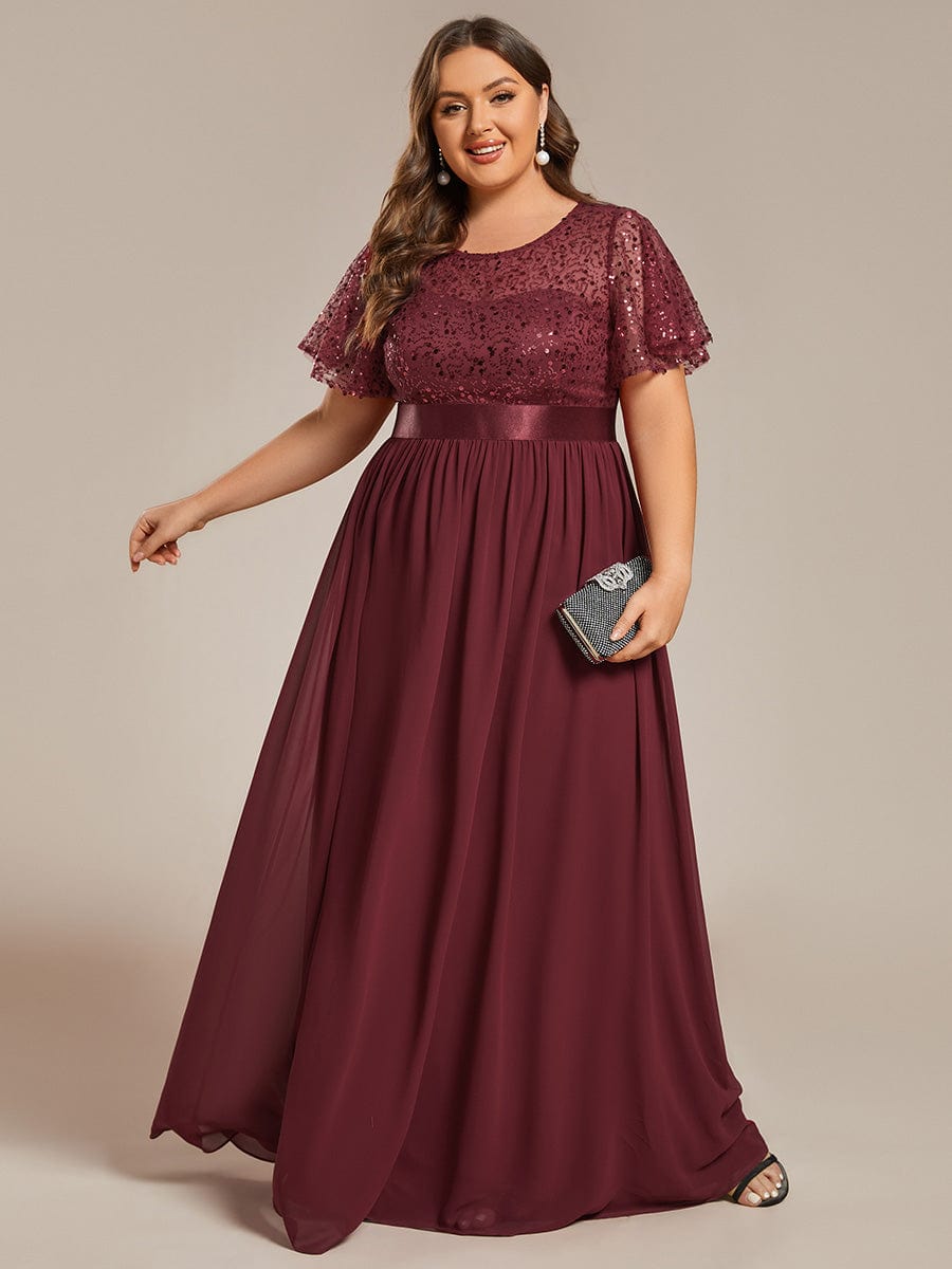 Plus Size High Waist Sequin Round-Neck Short-Sleeved Evening Dress