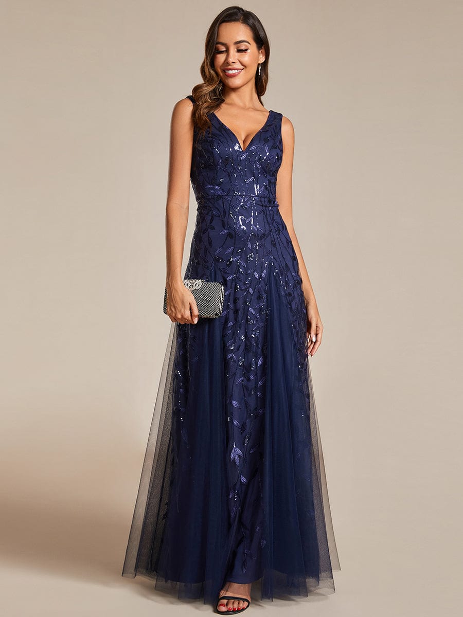 Sleeveless V-Neck Sequined A-Line Evening Dresses