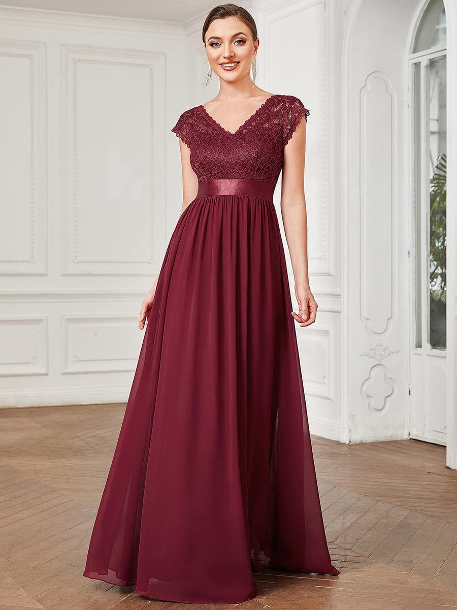 Lace V-Neck & Plunging Back Empire Waist Chiffon Evening Dress