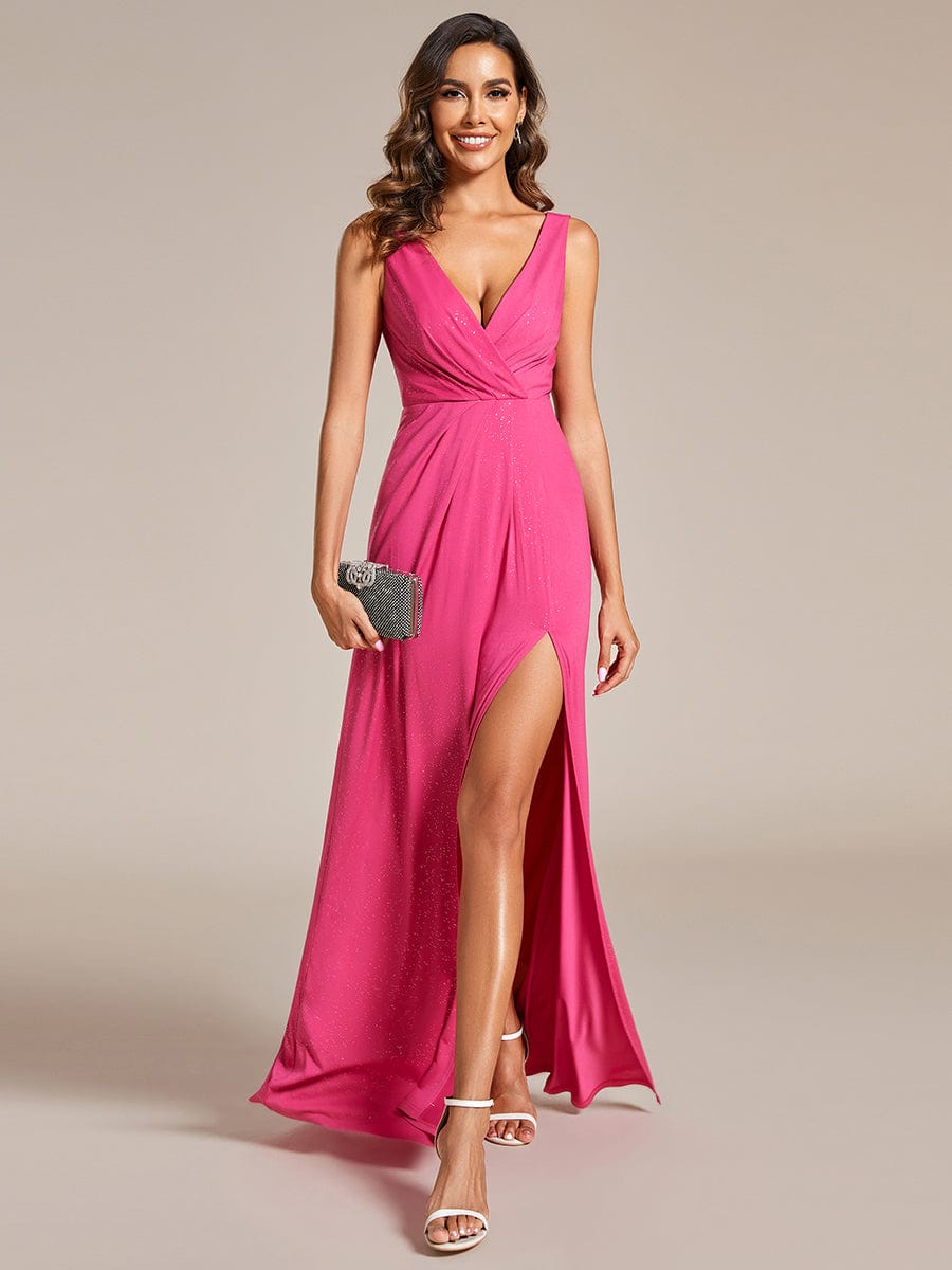 Floor Length V Neck Shimmery Evening Dresses with Side Split