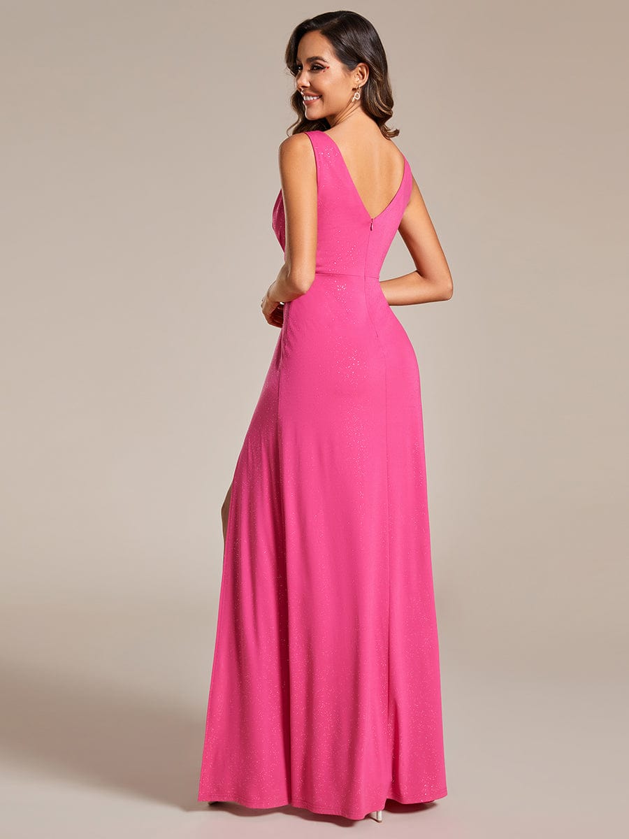 Floor Length V Neck Shimmery Evening Dresses with Side Split