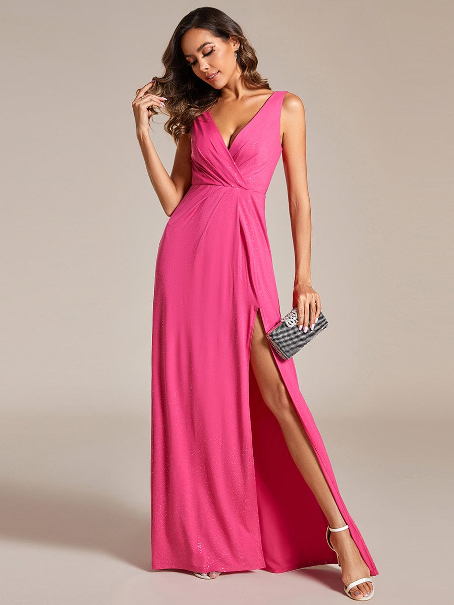 Floor Length V Neck Shimmery Evening Dresses with Side Split