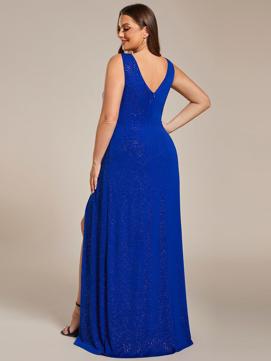 Floor Length V Neck Shimmery Evening Dresses with Side Split