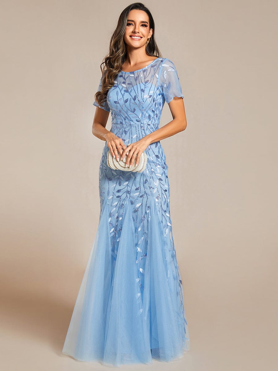 Sequin Leaf Maxi Long Fishtail Tulle Prom Dress With Half Sleeve