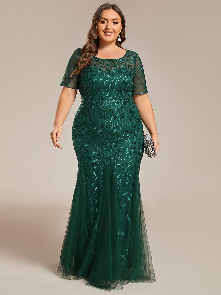 Plus Size Sequin Leaf Long Mermaid Tulle Prom Dress