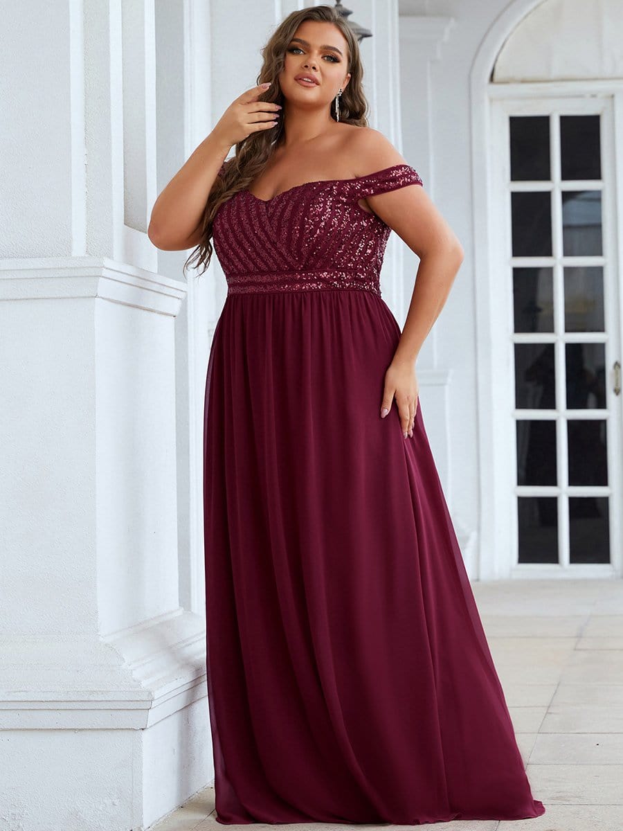 Plus Size Off the Shoulder Shining Paillette A-Line Maxi Evening Dress