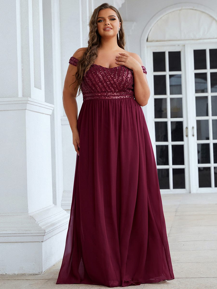 Off Shoulder Shining Paillette A-Line Maxi Evening Dress