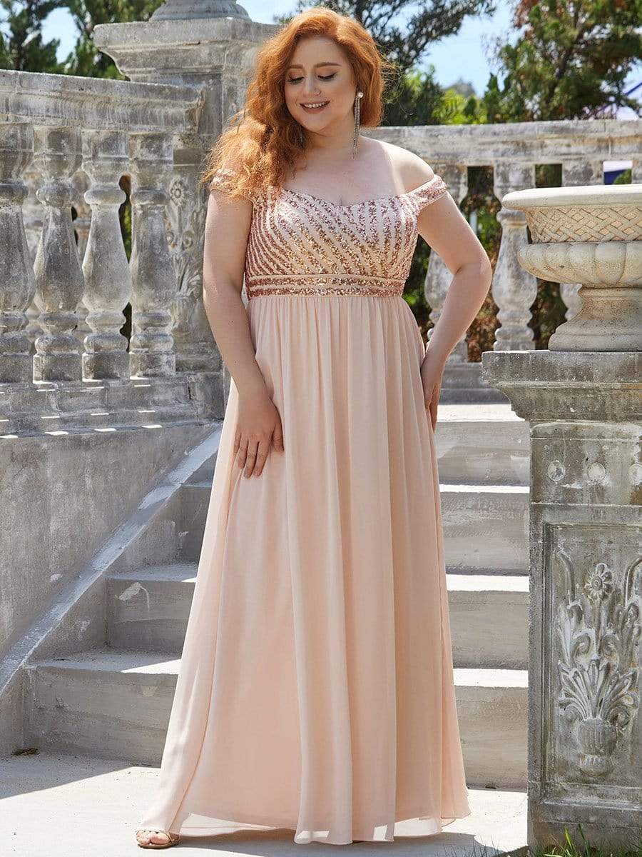 Plus Size Off the Shoulder Shining Paillette A-Line Maxi Evening Dress