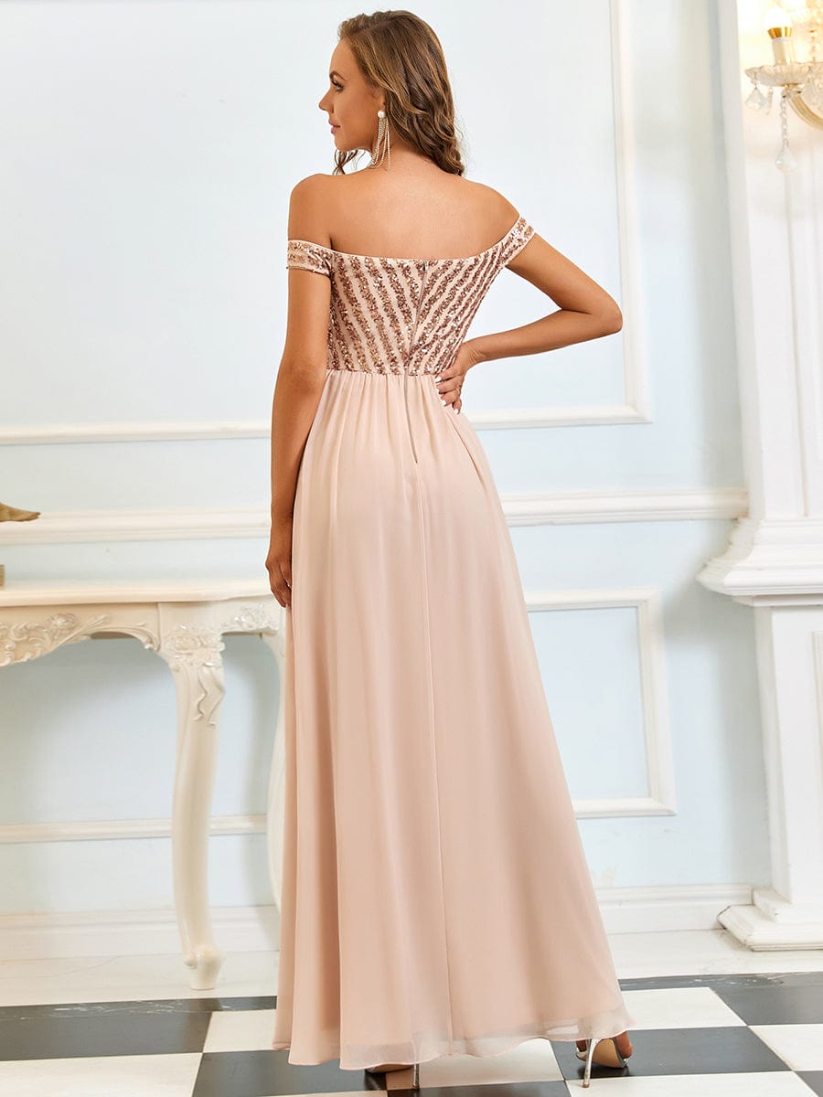 Off Shoulder Shining Paillette A-Line Maxi Evening Dress