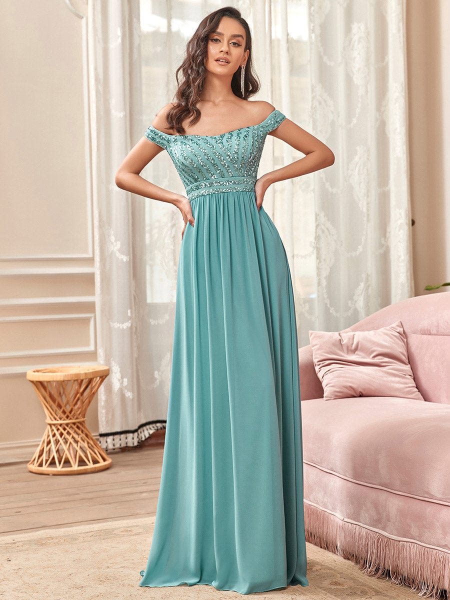 Off Shoulder Shining Paillette A-Line Maxi Evening Dress