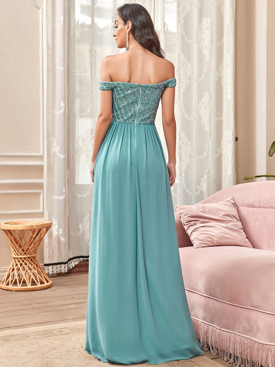 Off Shoulder Shining Paillette A-Line Maxi Evening Dress