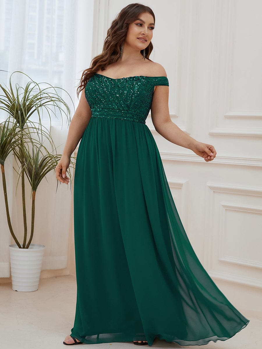 Off Shoulder Shining Paillette A-Line Maxi Evening Dress