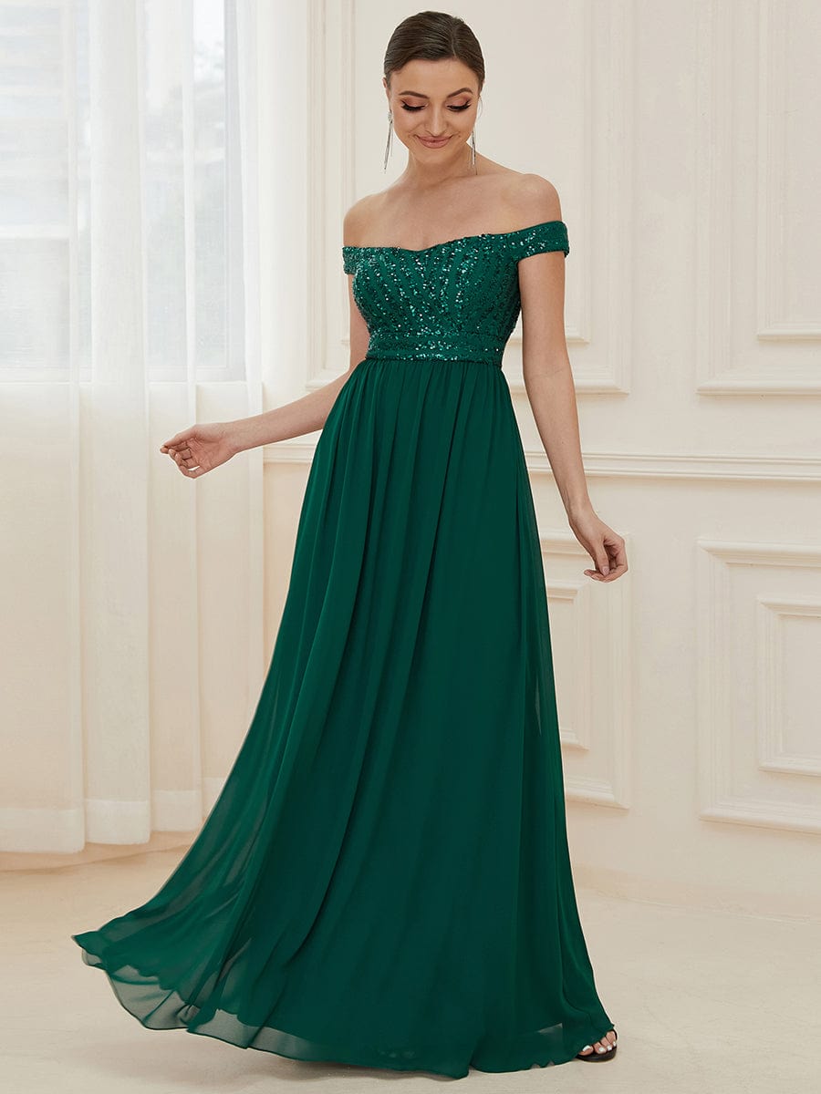 Off Shoulder Shining Paillette A-Line Maxi Evening Dress