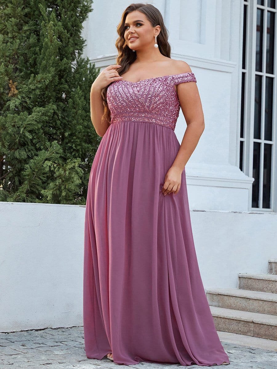 Plus Size Off the Shoulder Shining Paillette A-Line Maxi Evening Dress