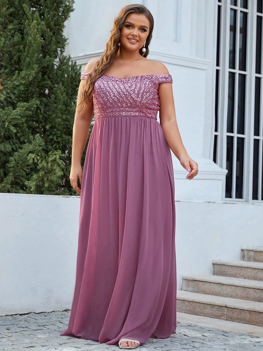 Plus Size Off the Shoulder Shining Paillette A-Line Maxi Evening Dress