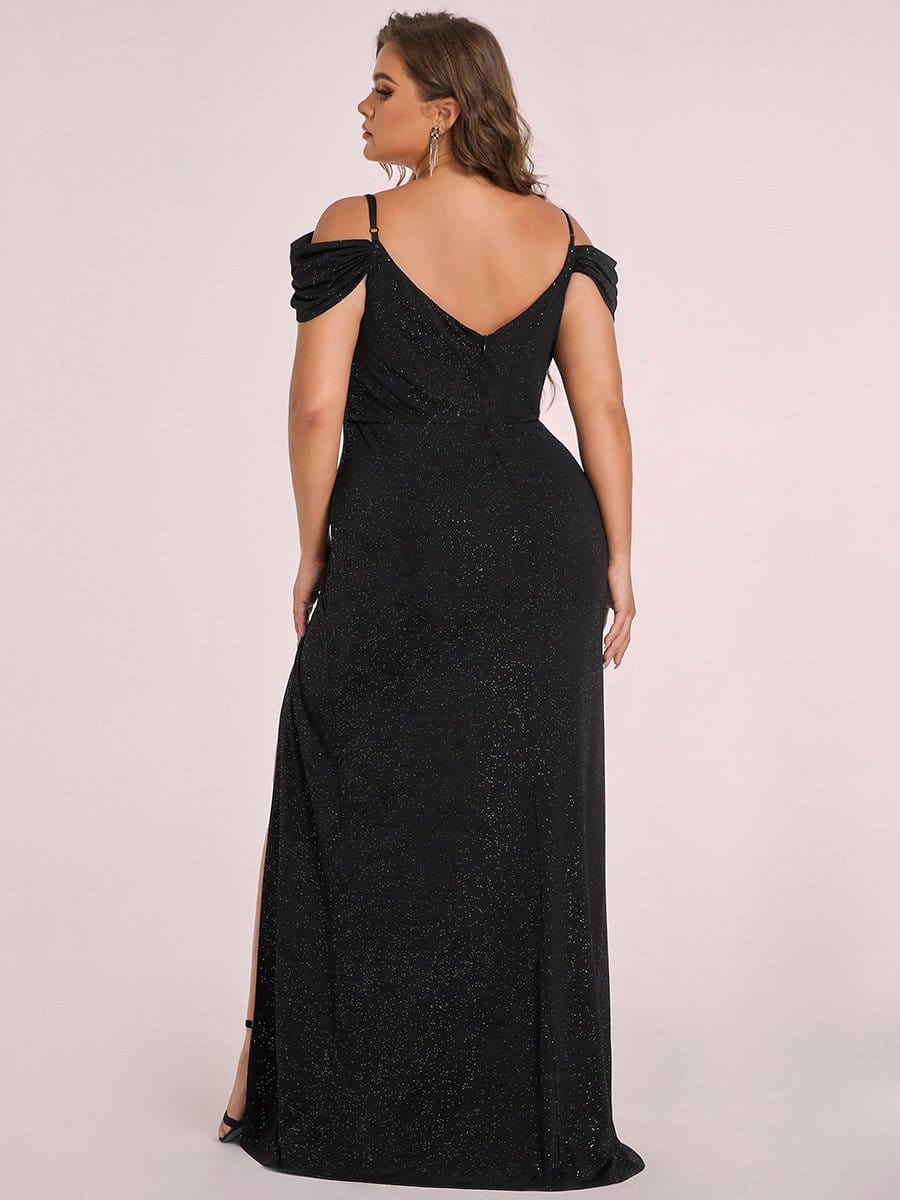 Plus Size V Neck Sequin Cold shoulder Split Evening Dress