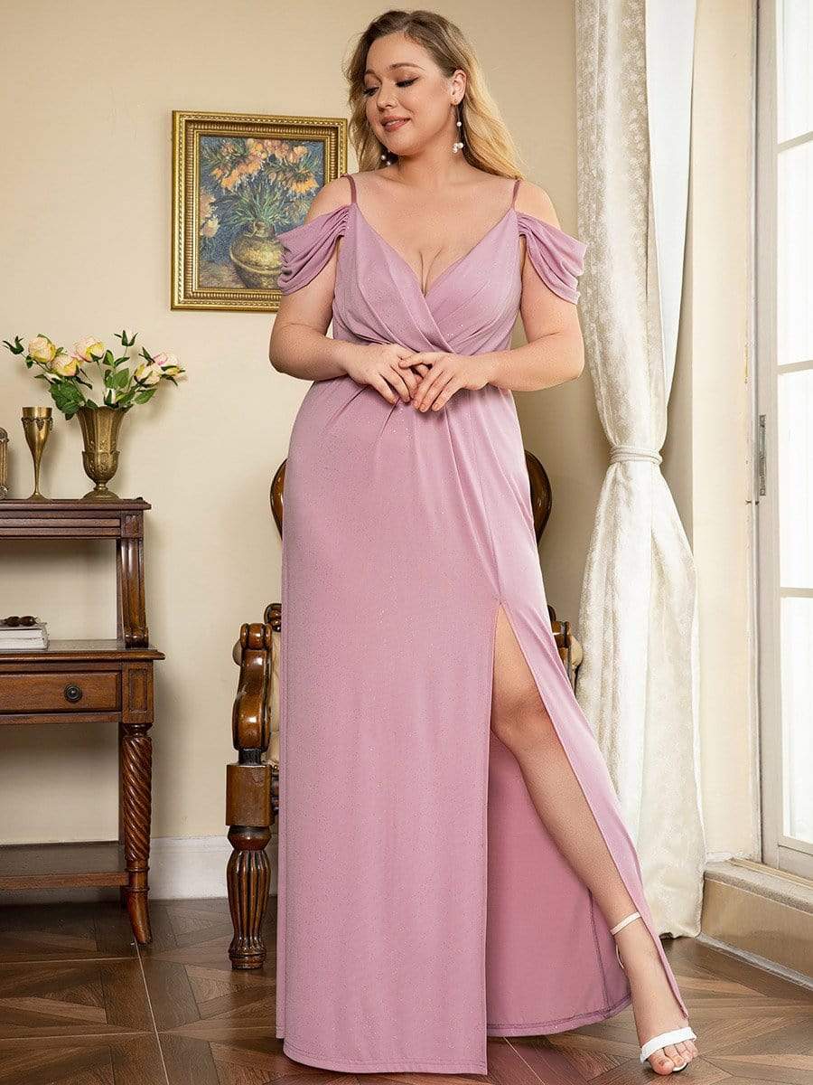 Plus Size V Neck Sequin Cold shoulder Split Evening Dress