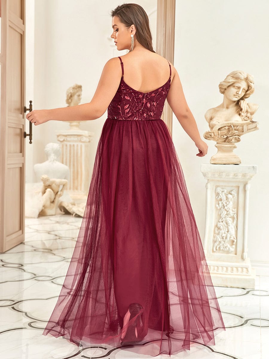 V Neck Spaghetti Strap Embroidered Maxi Tulle Wedding Guest Dress