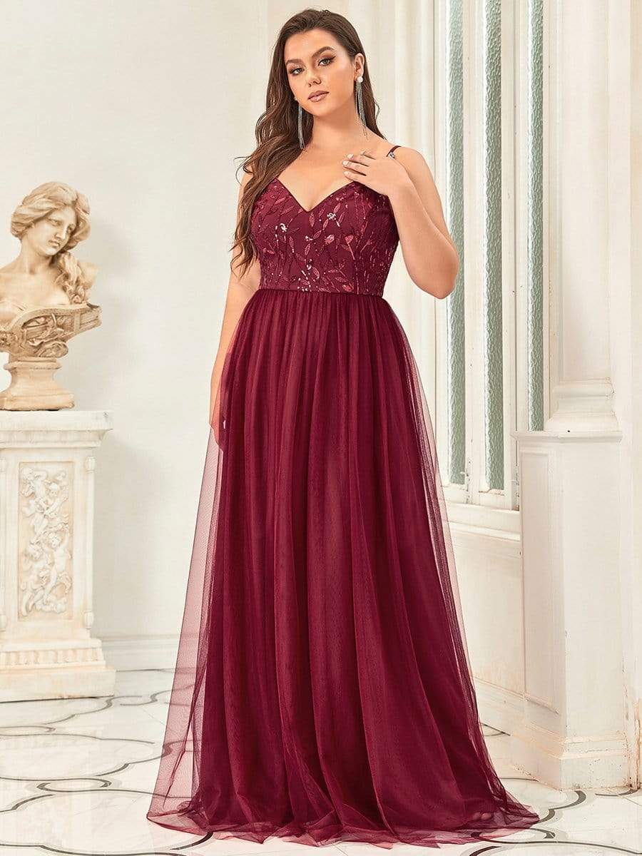 Plus Size V Neck Floral Sequined Spaghetti Straps Maxi Evening Dress