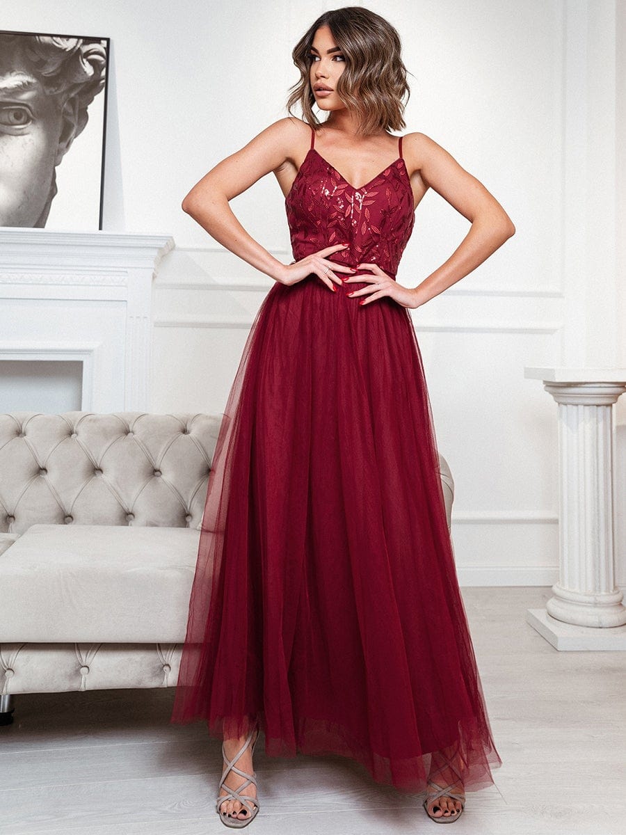 V Neck Spaghetti Strap Embroidered Floor Length Tulle Evening Dress