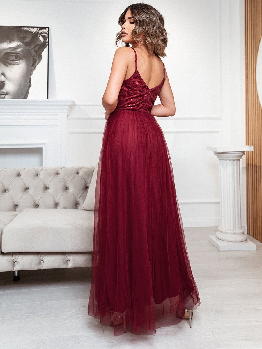 Custom Size V Neck Spaghetti Strap Embroidered Floor Length Tulle Evening Dress