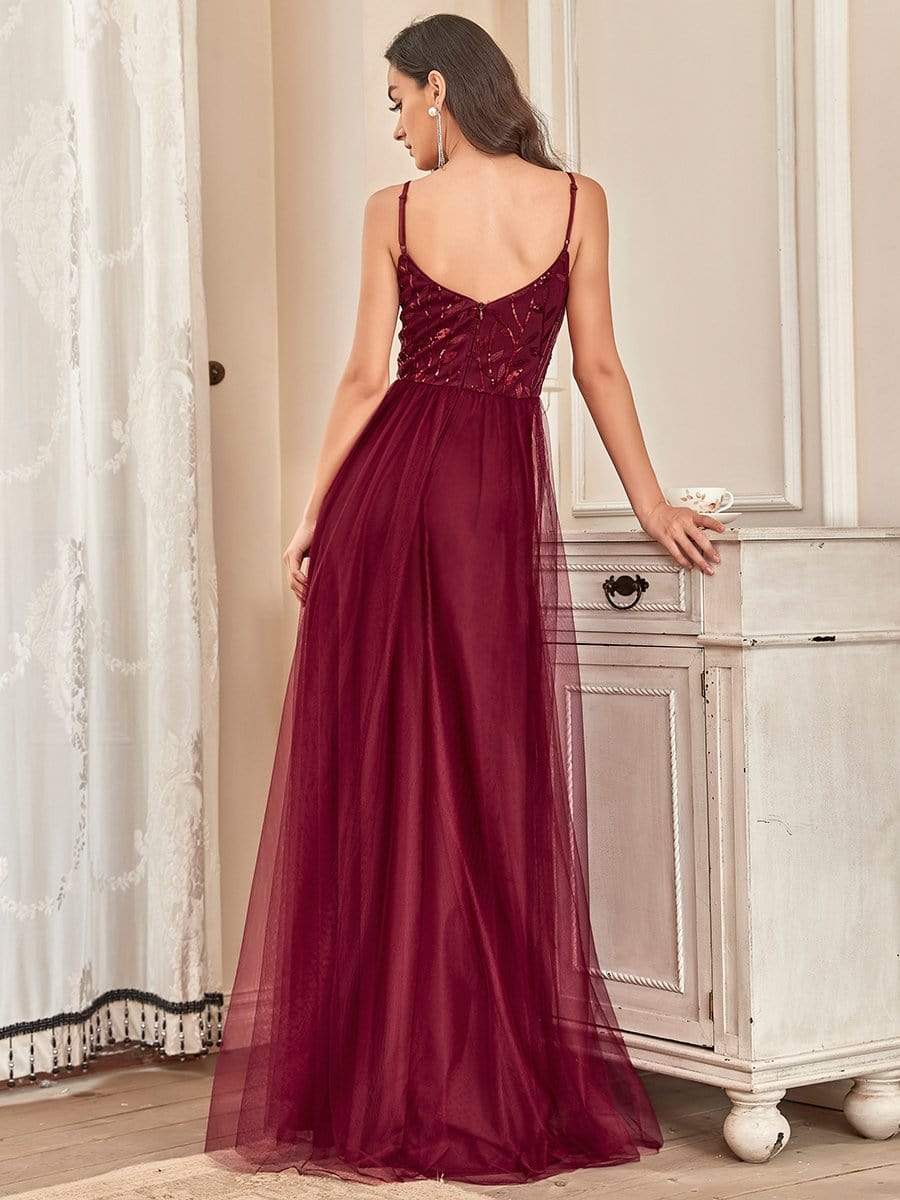 Custom Size V Neck Spaghetti Strap Embroidered Floor Length Tulle Evening Dress