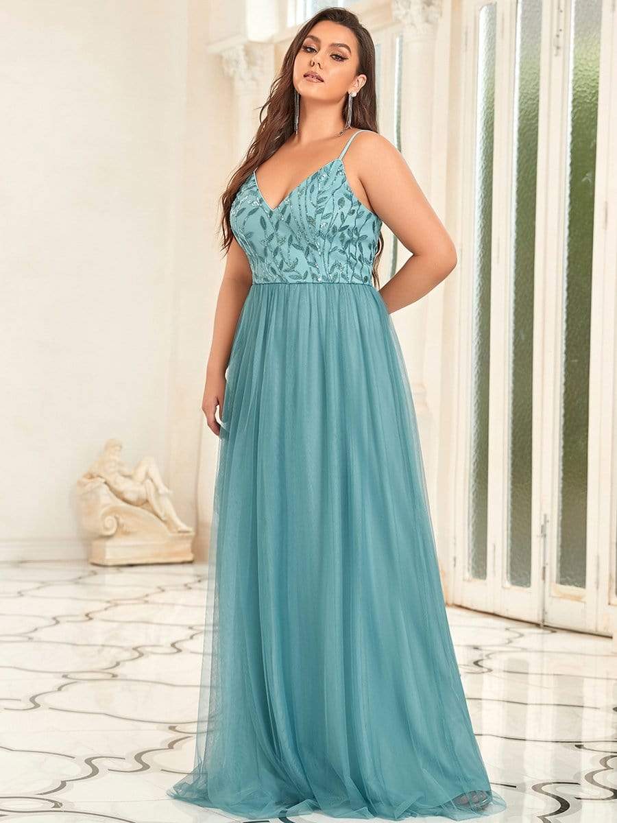 Plus Size V Neck Floral Sequined Spaghetti Straps Maxi Evening Dress