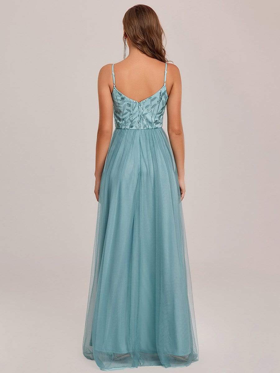 V Neck Spaghetti Strap Embroidered Floor Length Tulle Evening Dress