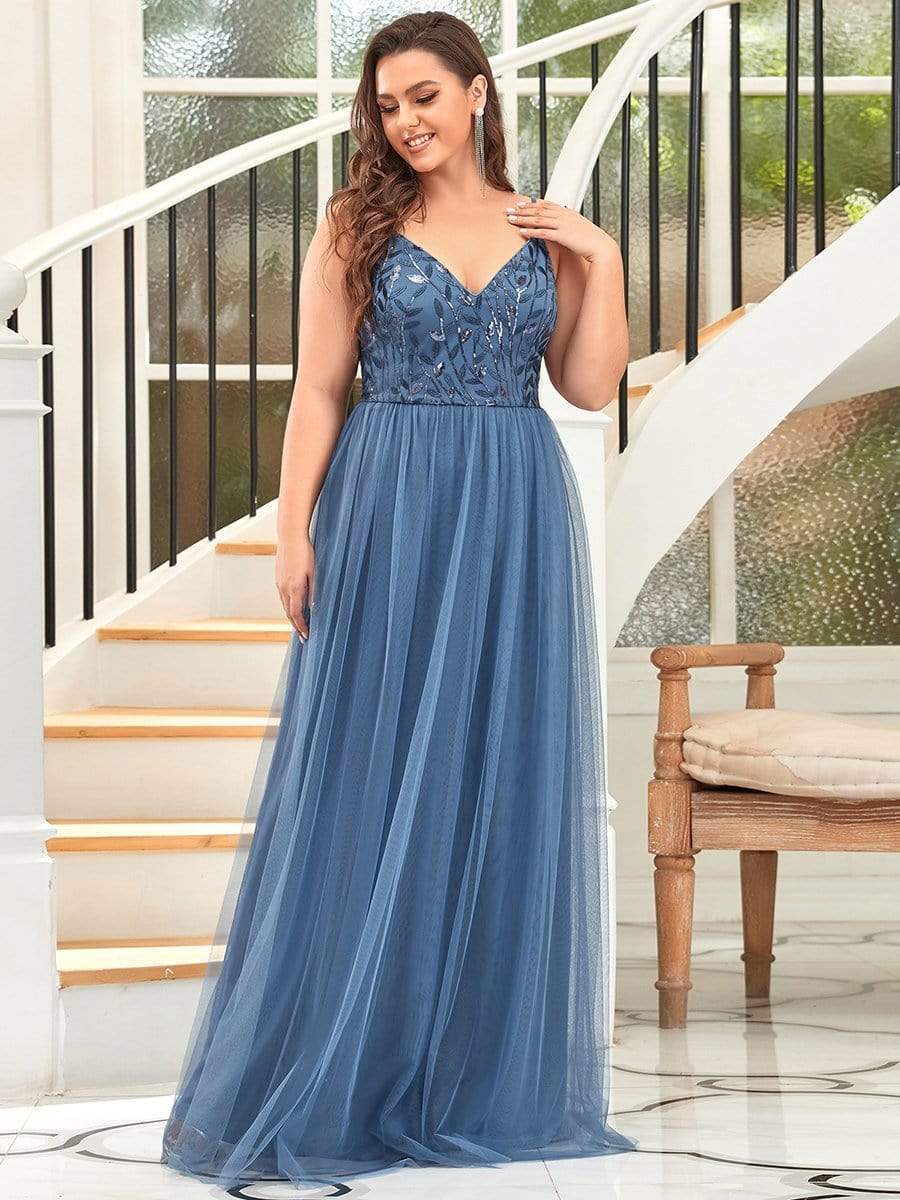 Plus Size V Neck Floral Sequined Spaghetti Straps Maxi Evening Dress