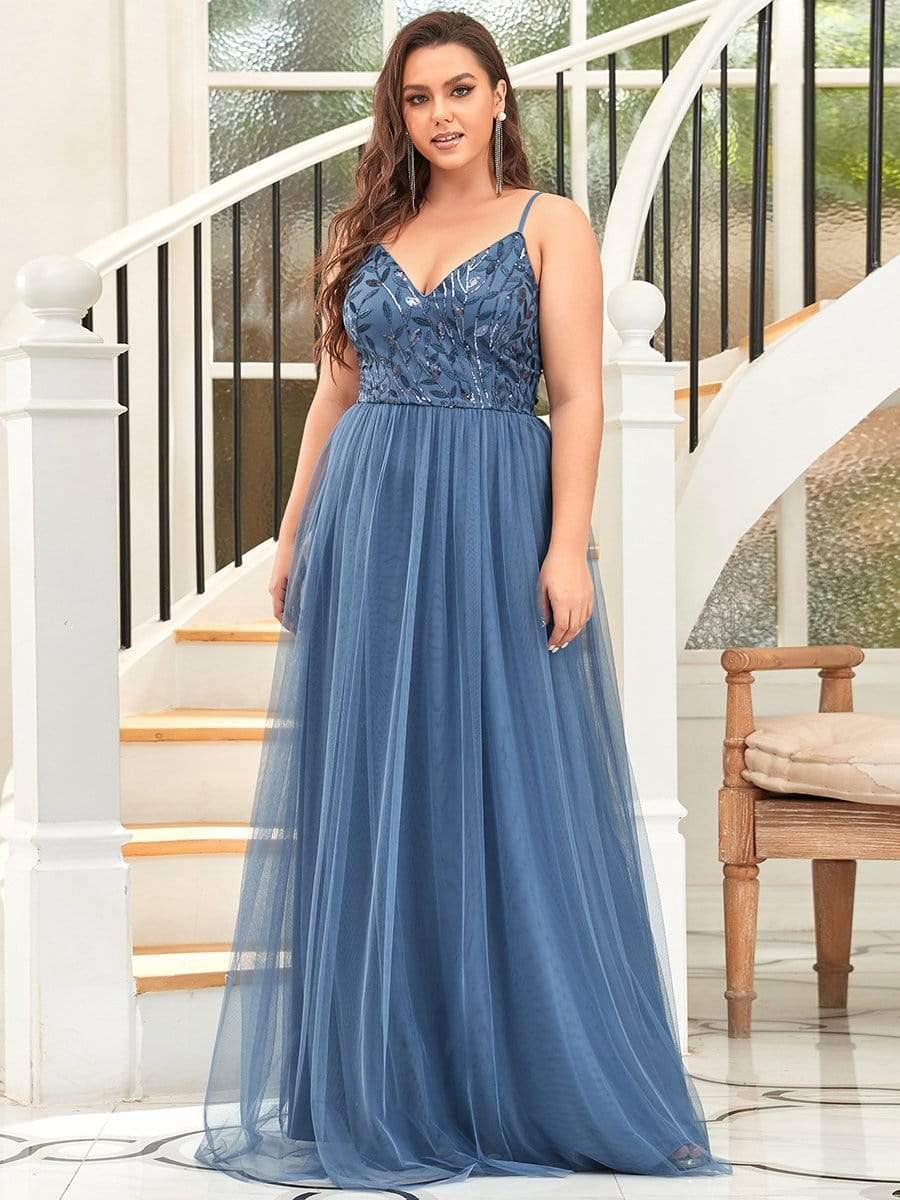 Plus Size V Neck Floral Sequined Spaghetti Straps Maxi Evening Dress